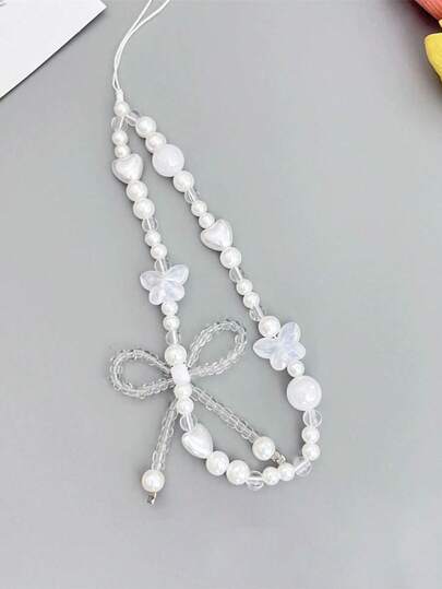 White Bowknot Trending 1pc White Moonlight Butterfly Phone Lanyard Pearl Heart Transparent Beaded Phone Strap Delicate Ethereal Design Phone/Bag/Key Chain 3-In-1 Accessory Actual Size May Slightly Differ From Photo Due To Shooting Angle And Magnification Spring Birthday Gift
