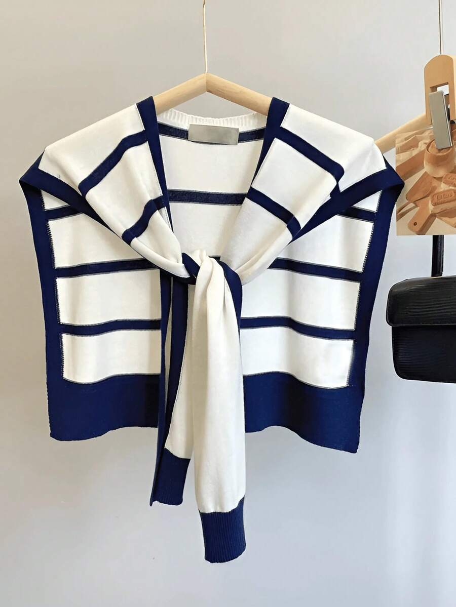1pc Women's New Knitted Striped Shawl Cardigan Lightweight Summer Office Conditioning Room Neck Protector Bolero Dress - 藍白色 - 查看 1