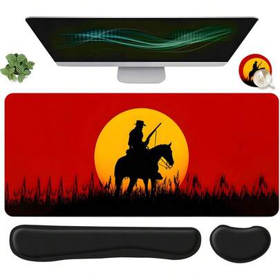 4pcs Western Cowboy Sunset Pattern Mouse Pad + Keyboard Wrist Rest + Ergonomic Mouse Pad + Coaster Set, Suitable For Desktop Decor, Office Accessories, Ergonomic Wrist Support, Computer Mouse Pad, Coaster, Applicable For Home Office And Gaming