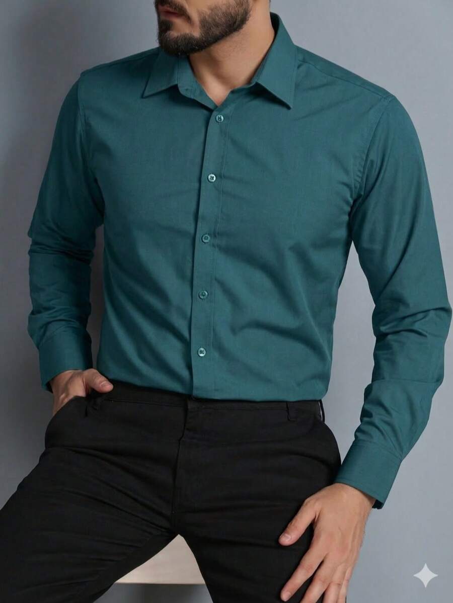 Men's Long Sleeve Slim Microfiber Fabric Dress Shirt - Màu xanh lá cây đậm - Xem 1