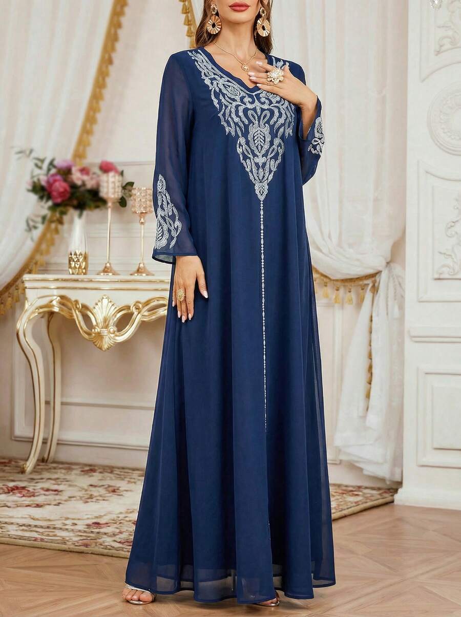 Embroidered V-Neck Long Sleeve Chiffon Modest Dress + Headscarf - Navy Blue - View 1