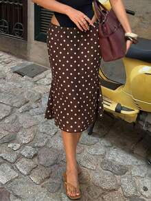 GLOpass Summer Vacation Vibe Brown Polka Dot Skirt, Sheer Mesh Ruffle Hem Design, Retro French Style Slimming Long Fish Tail Skirt For Women - Brown - View 9