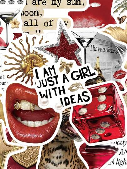 50pcs Gold&Red Sticker Set For Notebooks, Diaries, And Mobile Phone Cases