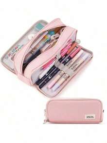 Large Capacity Pencil With 3 Compartments, Suitable Students, Teens, Unisex, Back To School Essential, Includes Stationery, Pencil Pouch And Backpack,Bag - Hồng - Xem 8