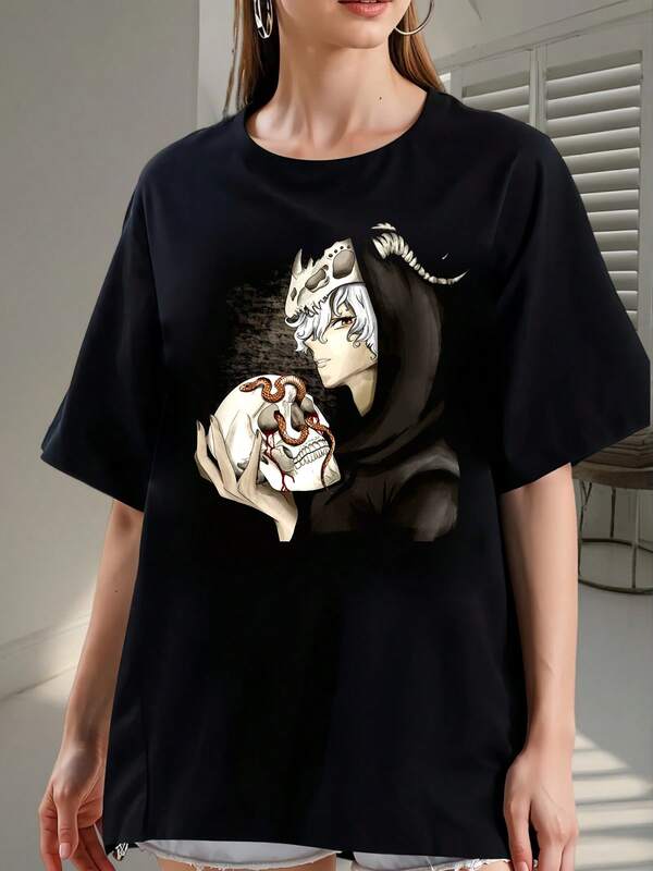 Anime Character Print T-Shirt With Skull And Snake Graphic Hoodie, Plus Size Crew Neck Short Sleeve Tee, Unisex Anime Streetwear For Fans, 2026 Printed T-Shirt - Made Of Pure Cotton, It Is Soft And Breathable, Suitable For Both Men And Women. It Is A Casual Shirt Suitable For All Seasons And A Stylish Souvenir. It Is Suitable For Everyday Wear, Streetwear Enthusiasts, And Music Lovers.