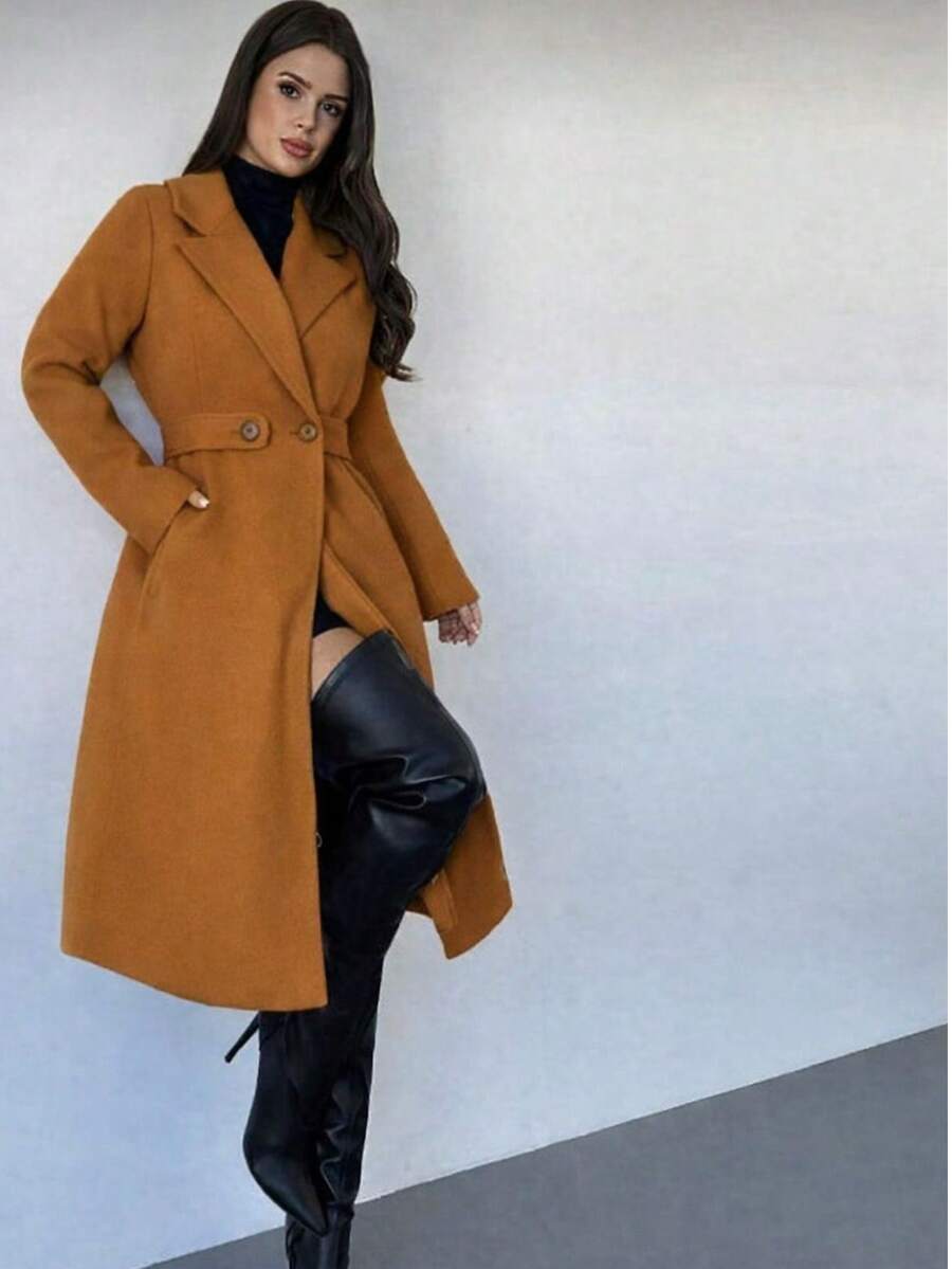 Women's Elegant Luxury La Batida Overcoat With Waist Belt, Autumn/Winter Style, For Women, Cold Weather Clothing, Brown, Black, Beige - 駝色 - 查看 1