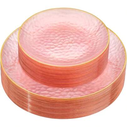 50/25/10pcs European Luxury Pink Hammered Gold-Edged Dinnerware Set, High-Aesthetic Salad Plates, 10.25" And 7.5" Options, Suitable For Cakes, Burgers, Sandwiches, Sushi, Salads, Pasta, Restaurants, Weddings, Outdoor, Easter, Graduation Parties, Brunch, Backyard Dining, Mother's Day, Kitchen Accessories (Full Tableware Set, Plates, Dishes, Kitchen Utensils, Wedding Season, Music Festivals)