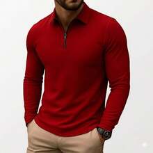 Premium Long-Sleeved Polo Shirt With Zipper. - 紅色 - 查看 1