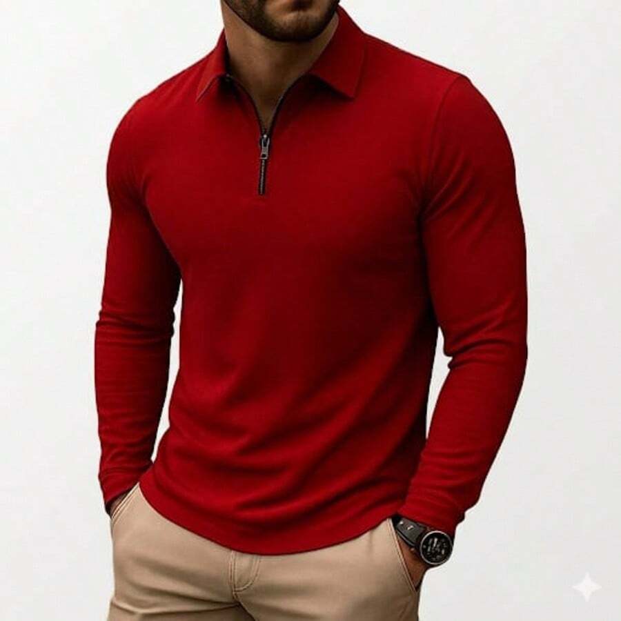 Premium Long-Sleeved Polo Shirt With Zipper. - 紅色 - 查看 1