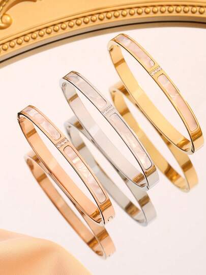 1pc Titanium Steel 3-Rhinestone High-End White Shell Bracelet For Women, Minimalist Personalized Design, Won't Fade