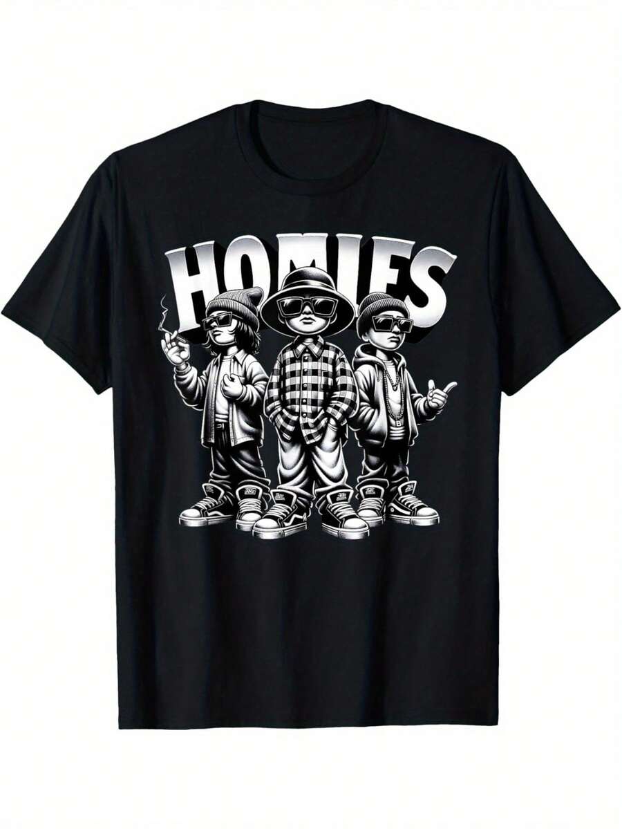 Homies Graphic Men's T-Shirt - Cool Urban Chicano Latino Mexican Pride Design, 100% Cotton Crew Neck Tee With Slight Stretch, Casual Regular Fit Summer Top Featuring Three Cartoon Characters In A Playful Pose, Allseason Tshirt |   Geometric Pattern Shirt |   Comfortable Stretch Fabric - Đen - Xem 1