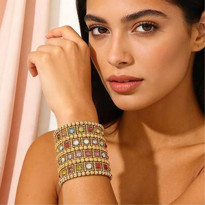 四层复古弹力手镯，时尚水钻镶嵌宽手镯，适合女性日常佩戴、婚礼或派对手部饰品