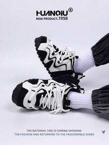 HUANQIU 2026新款男鞋，男士运动鞋，厚底休闲鞋，时尚多功能轻便舒适系带运动鞋，软底休闲鞋，跑步鞋，黑白四季鞋 - 黑與白 - 查看 8