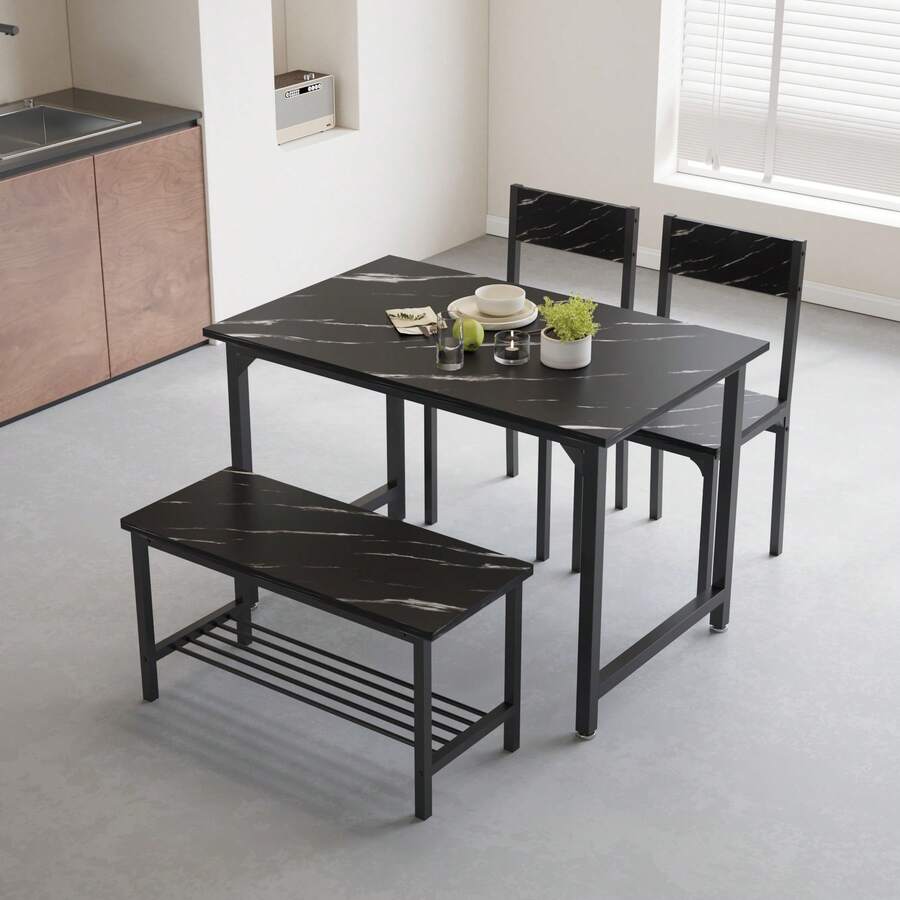 Set Of 4pcs Grey Dining Set Including Rectangular Dining Table Dining Chairs Dining Bench With MDF Top Metal Frame Storage Shelf For Dining Room Kitchen Living Room - Black Marble - View 1