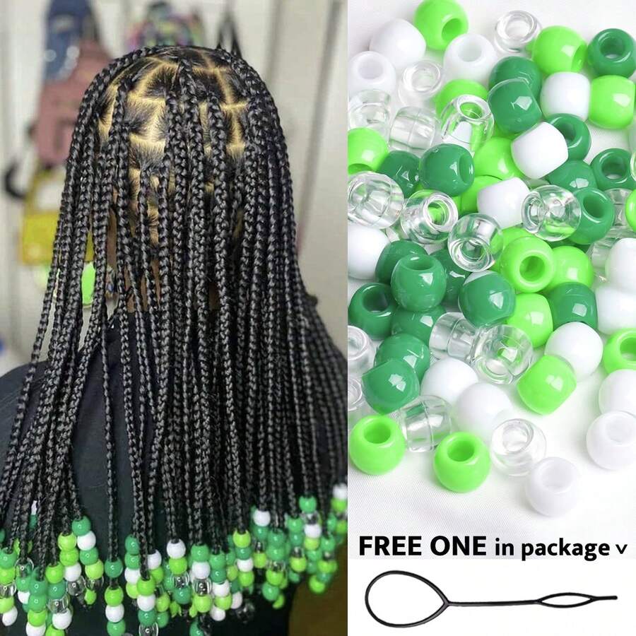100 peças Contas de Plástico de 10*12mm com Grandes Furos, Adequadas para Acessórios de Tranças Africanas, Inclui Agulha de Puxar, Cores Verdes Variadas, Festival, Festa