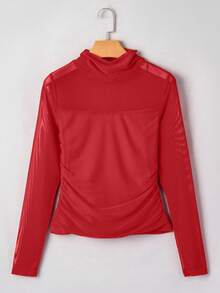 Acelitt Top elegant pentru femei, roșu aprins, culoare solidă, transparent, cu imprimeu din plasă, guler înalt, croială slim fit, mânecă lungă, vară casual, primăvară - roșu - Vizualizare 4