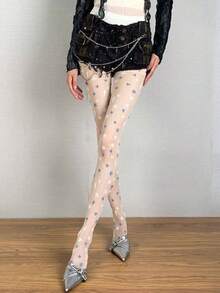 1双 - 蓝白星形提花丝袜，女士超薄夏季连裤袜，修身塑形JK款基础袜，甜美白色 - 彩色 - 查看 4