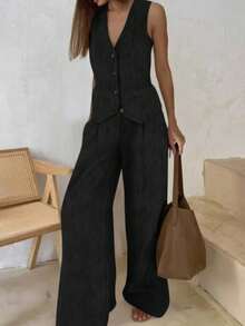 2 piezas Conjunto de top ajustado sin mangas de escote en V profundo + pantalones de pierna ancha de cintura alta, traje casual de lino, estilo retro rosa de verano - Negro - Ver 6