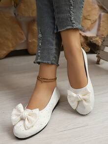 New Spring/Autumn Fashion Wedge Heel Round Toe Criss-Cross Elastic Band Women Casual Loafers - White (with Rhinestone Bow) - View 5