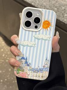 1pc Fashion Striped Sky Flower & Castle Pattern Litchi Texture Anti-Fall Anti-Slip Soft Phone Case Protective Cover Compatible With Apple, Phones - Multicolor - View 4