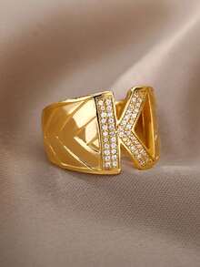 1pc Luxury Zirconia Letter Ring, Stainless Steel Thick Open Band Ring, Fashionable Hip-Hop Jewelry Gift For Women - Yellow Gold - View 6