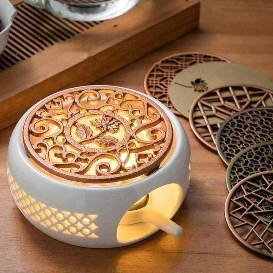 茶壶保温器，陶瓷茶壶保温器，茶蜡烛保温器，陶瓷茶壶保温器，中空凹底垫，实用多功能茶壶加热器，适用于家庭、办公室、咖啡厅 - 白色 - 查看 1