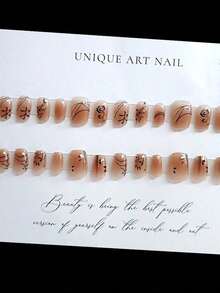 30pcs Elegant Ink Painting Style Leaves & Design False Nails Coffin Shape Nail Tips Women And Girls Press On Nails Nail Supplies - 棕色 - 查看 2