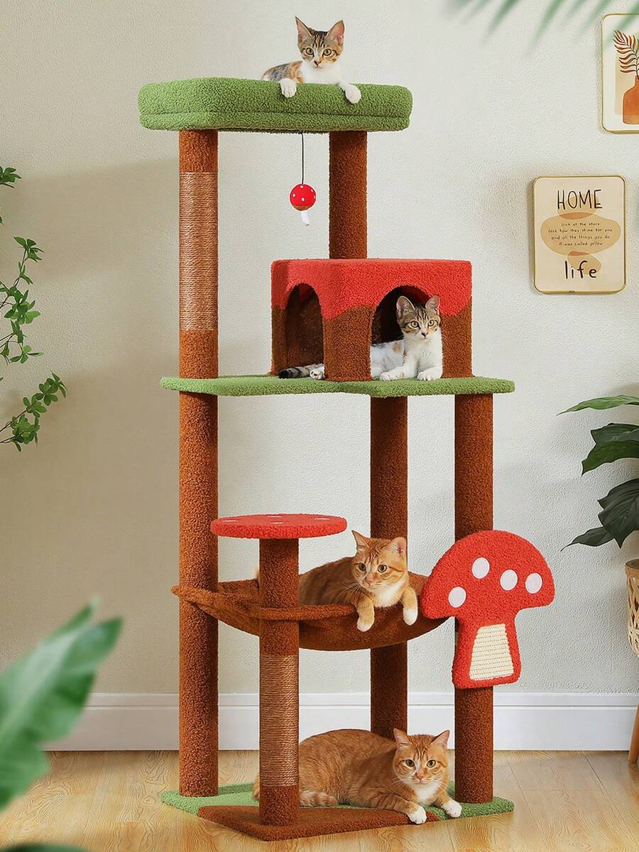 143cm Mushroom Luxury Cat Tree Large Cat Play Tower, Activity Center, Stable And Stable, Cat Tree With Hammock And Beautiful Cat House, Brown - Brown - View 1