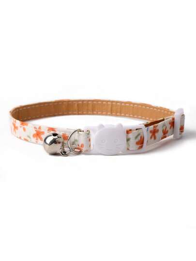 1pc Floral Pattern Pet Collar With Bell, Adjustable Size, Leather Lining