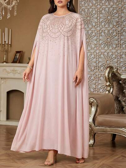 Elegant Long Abaya, Decorated With Pearl And Rhinestone Chainmail Appliques, Round Neck Batwing Sleeves, Woven Fabric, Non-Stretch