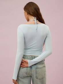 Áo Leadlive Spring New Blue Fake Two Top, Áo thun dài tay nữ, thích hợp mặc ở nhà và hàng ngày, kiểu dáng thời trang và thoải mái, áo kiểu nữ casual, áo mùa xuân, áo màu xanh dương. - Màu xanh nhạt - Xem 6