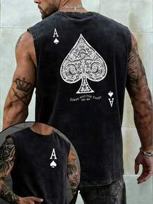 Men's Printed Vintage Washed Vest, Loose Fit, Casual Street Style, A Must-Have Item For Street Wear And The Gym. - màu đen - Xem 1