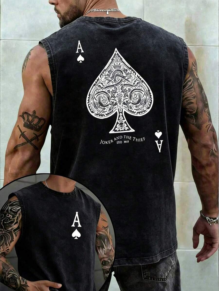 Men's Printed Vintage Washed Vest, Loose Fit, Casual Street Style, A Must-Have Item For Street Wear And The Gym. - màu đen - Xem 1