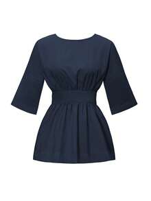 Áo kiểu nữ Look Polly phong cách Y2K, kiểu dáng thường ngày, thắt nơ, hở lưng, tay lửng, thích hợp cho kỳ nghỉ xuân/hè. - Hải quân - Xem 4