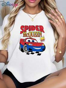 Disney Official Authorization, Women's Casual Short Sleeve Round Neck Cotton T-Shirt With Spider McQueen Cars Print, Regular Fit Tee Top, Breathable And Light, Suitable For Sports And Leisure Wear, Suitable For Gifts, Suitable For Parties. - White - View 1