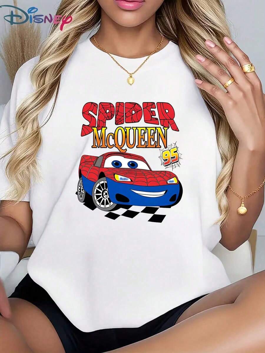 Disney Official Authorization, Women's Casual Short Sleeve Round Neck Cotton T-Shirt With Spider McQueen Cars Print, Regular Fit Tee Top, Breathable And Light, Suitable For Sports And Leisure Wear, Suitable For Gifts, Suitable For Parties. - White - View 1