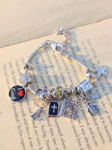 1件耶稣十字架宗教手链，圣经十字架DIY手链，宗教心形樱花手链，十字架天使心形手链 - 銀色 - 查看 6