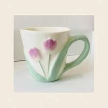 Taza de cerámica con tulipanes y asa verde - Verde Lima - Ver 1