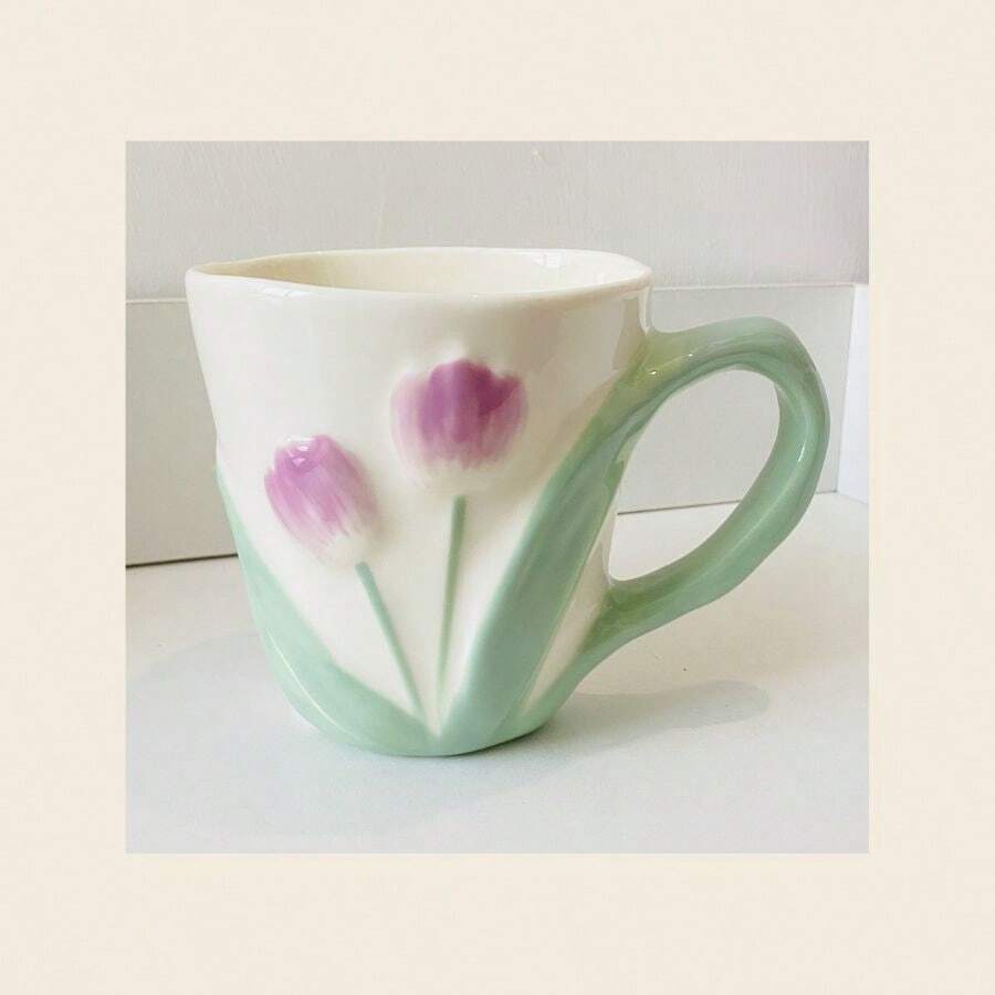 Taza de cerámica con tulipanes y asa verde - Verde Lima - Ver 1