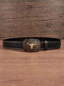 1pc Women's New Black Bull Street PU (Polyurethane) Waist Belt, Handmade Orange Embossed PU Outerwear Dress, Versatile Western Style Suitable For Daily Use - 棕色 - 查看 2
