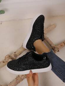 Glitter Fabric Upper Women's Casual Sneakers - Comfortable Shiny Lightweight Shoes, Non-Slip Sole Evening Out Party Dating Everyday Fashion Shoes For Women - 黑色 - 查看 5