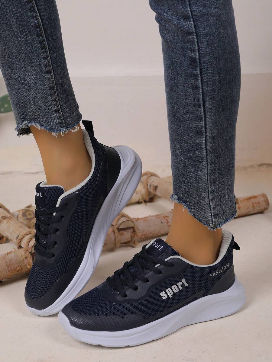 Stylish Unisex Breathable Mesh Sneakers | Lace-Up Closure | Lightweight Comfortable Casual Daily Walking Shoes (White/Black/Navy) - 藏蓝色 - 查看 1