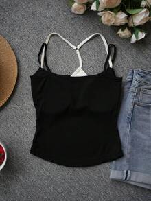 New Arrival Spring/Summer Elegant 2 In 1 Cropped Camisole, Women Fitted Sweet Outerwear Top Casual Black - Black - View 2