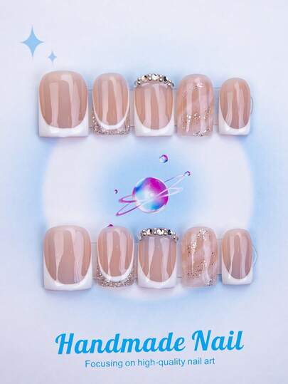 10pcs/Set Handmade Square Nail Tips With French Tips, Bow & Rhinestone Decor, Y2K Baddie Style, Nude & White Color, Suitable For Party, Wedding, Daily Wear, Includes Nail Tools, Great Gift For Women & Girls Nails Nail Supplies Handmade Press On Nails