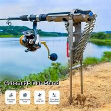 1pc Foldable Stainless Steel Fishing Rod Holder, Automatic Extendable Fishing Rod Stand, Perfect For Handheld Ground Fishing. Foldable Dual Spring Design Fishing Rod Holder With Automatic Spring And Ground Support Structure - Fishing Gear - Multicolor - View 2
