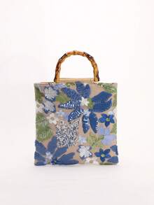 Fashionable Colorful Sequin Contrast Mesh Embroidered Jacquard Elegant Lady Bamboo Handle Tote Bag, Linen Handbag For Party & Holiday, Floral Pattern Randomly Sent - Multicolor - View 5