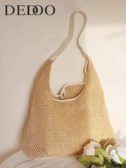 Dedoo 法式度假风草编手提包，夏季镂空网眼单肩包，撞色滚边设计，带内袋，适合日常通勤或海滩出行