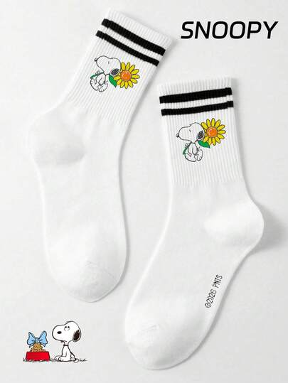  1 par de calcetines tipo tripulación para hombres con diseño auténtico de Snoopy, calcetines deportivos a rayas con diseño de Snoopy de dibujos animados, calcetines tipo tripulación resistentes al olor y transpirables, adecuados para estudiantes/adultos como regalo o uso diario