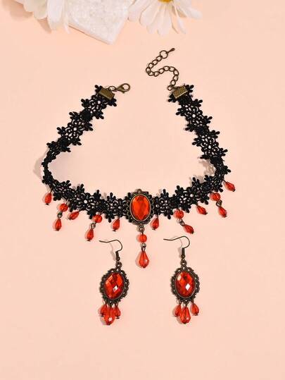 1쌍 귀걸이 + 1개 목걸이, 고딕 스타일 라인스톤 물방울 태슬 귀걸이 및 목걸이 세트, 빈티지 보헤미안 레이스 초커 목걸이 귀걸이 펜던트, 여성 일상복 및 파티 선물에 적합