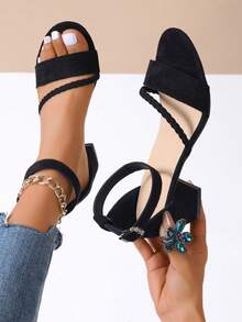 女士黑色高跟凉鞋，时尚圆头编织带粗跟高跟鞋，优雅淑女风，夏季新款百搭软底搭扣黑色露趾高跟凉鞋，适合搭配连衣裙和旗袍。 - 黑色 - 查看 2